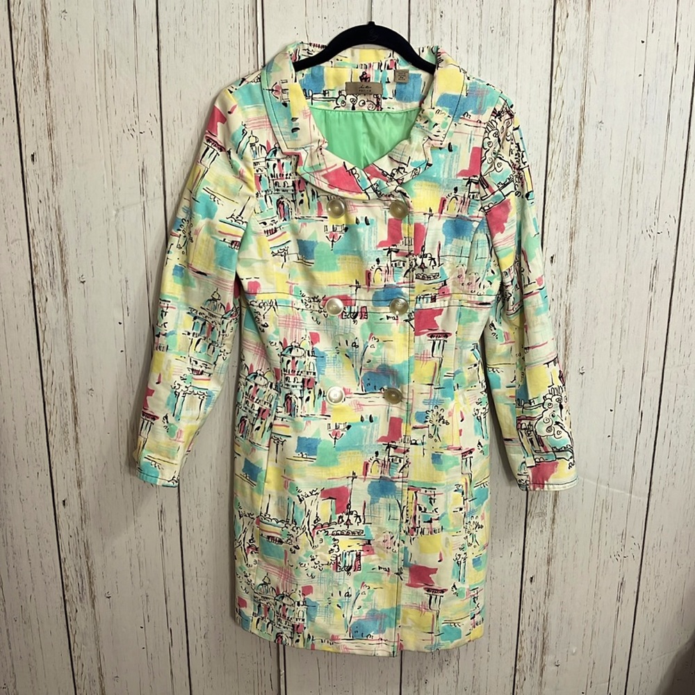 i.e. Petite Double Breasted Jacket Size petite Medium Yellow Pastel Patterned